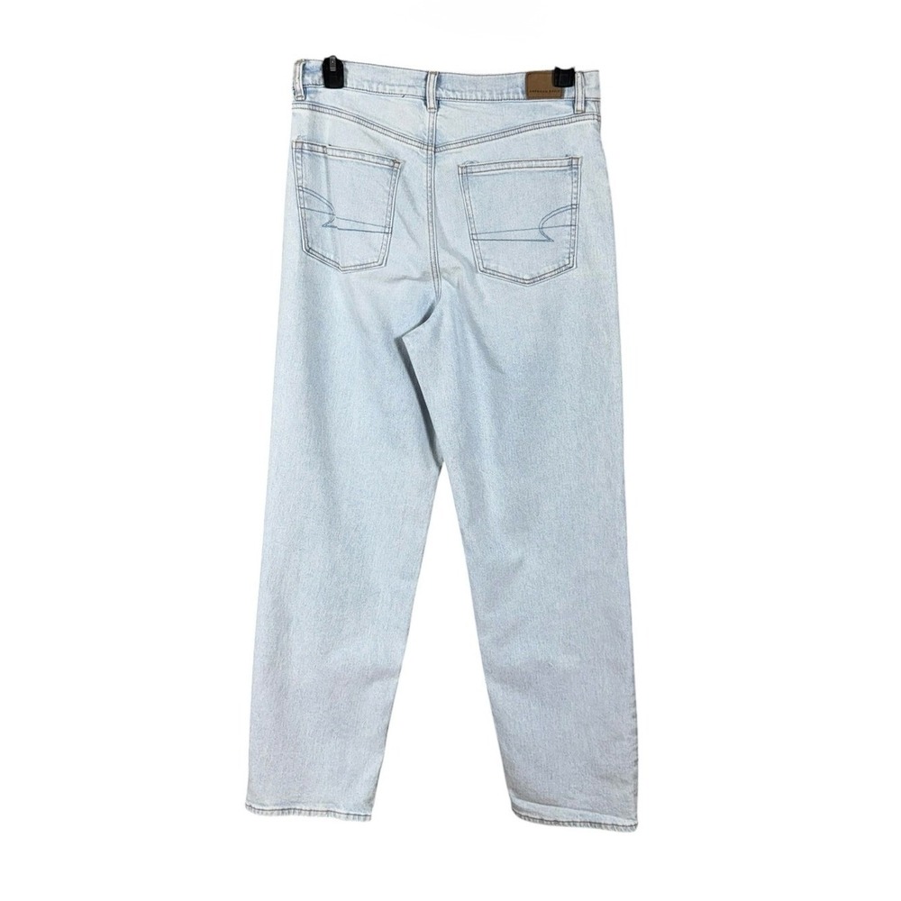 American Eagle Hi Rise Straight Baggy Jeans Size 12 Distressed Cross Over Button - Picture 3 of 7